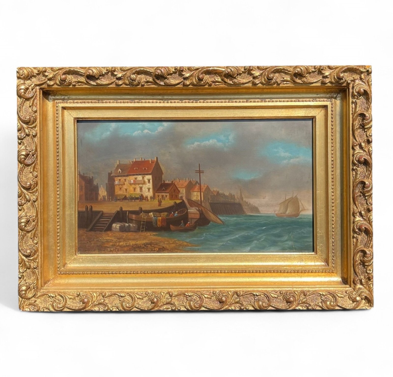 Antique Painting “The Small Harbor” by the listed French artist Ferdinand Bonheur (1817-1887) 